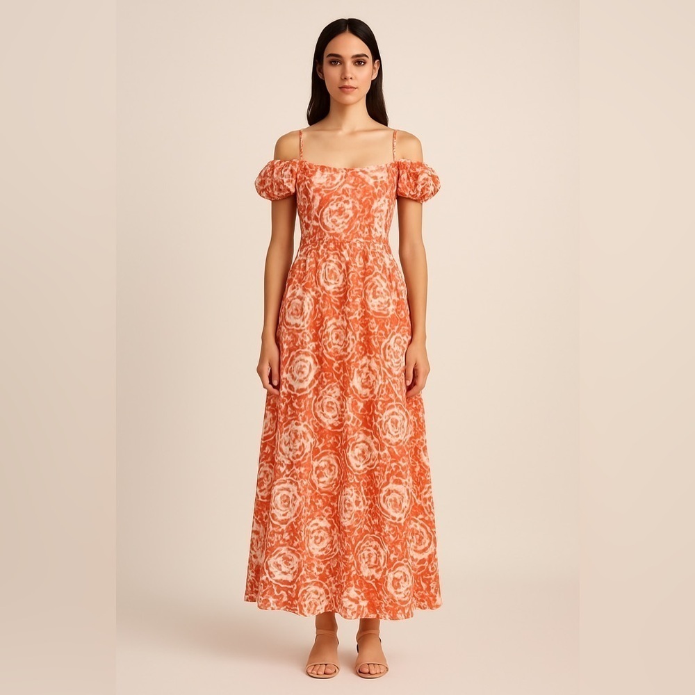 Tanya Taylor orange floral off shoulder puff sleeve maxi dress